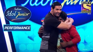 John Abraham Hugs Vaishnav For His Performance On Jaane Kyun  Indian Idol Junior 2 [upl. by Laroy65]